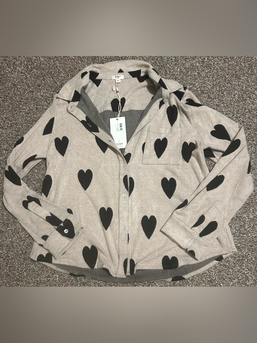 Dylan L Women’s Beige Button-Up Top with Black Heart Print fold down collar